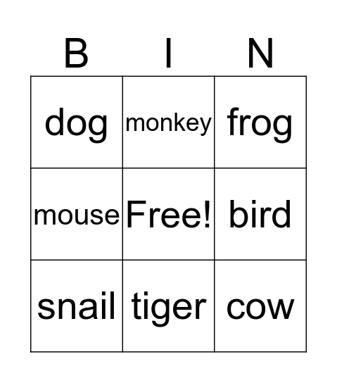 Animals Bingo Card