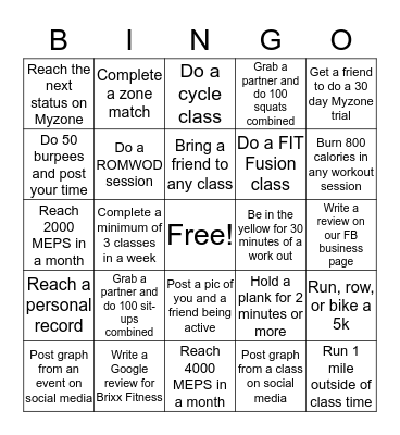 Myzone Bingo Card