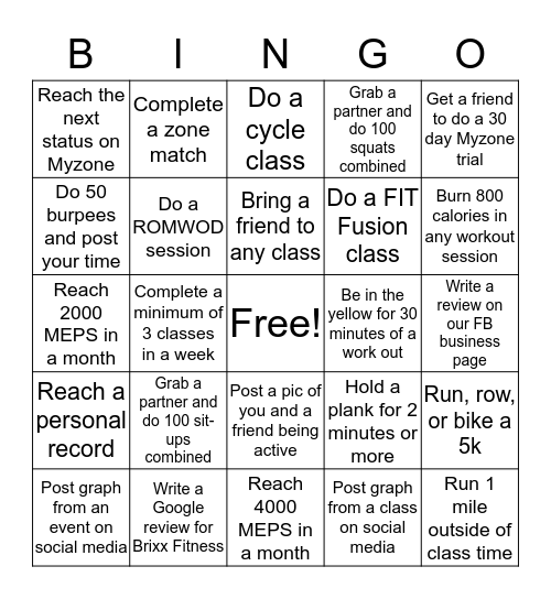Myzone Bingo Card