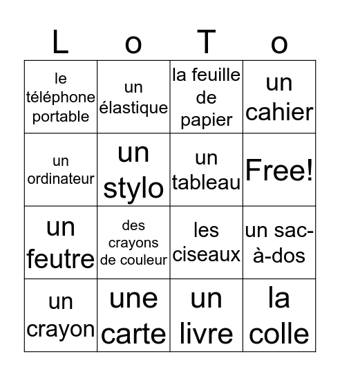 Les fournitures scolaires Bingo Card