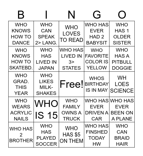GETTING 2 KNOW YOUR PEERS  Bingo Card
