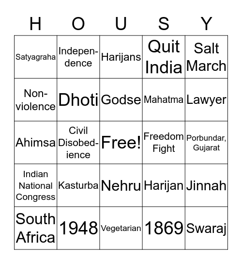 Gandhi Bingo Card