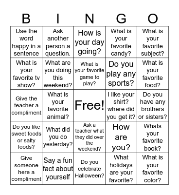 Social Initiation Bingo Card