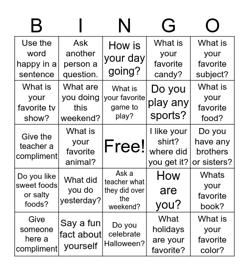 Social Initiation Bingo Card