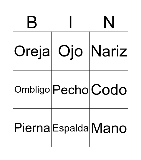 Cuerpo Bingo Card