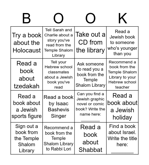 Temple Shalom Library BINGO Card