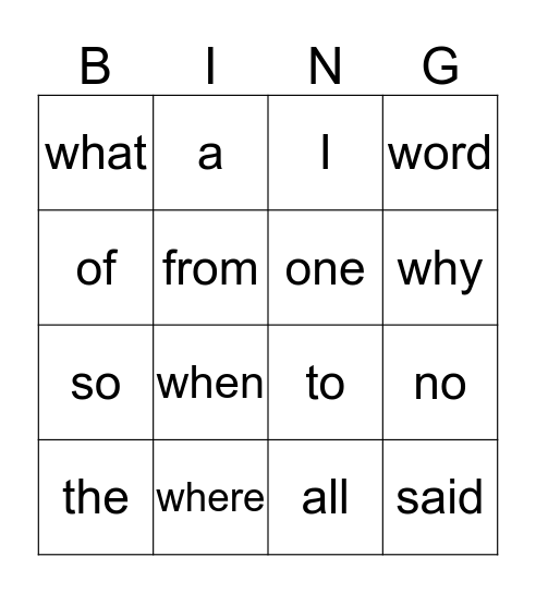 Tricky Words Bingo Card