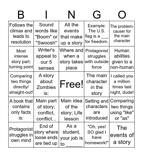 Fictional Story Elements & Literary Devices Bingo Card