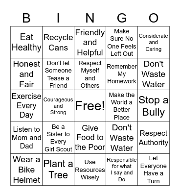 Girl Scout Law Bingo Card