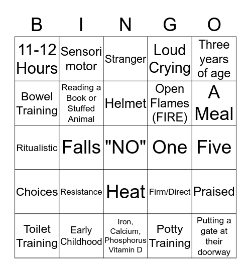 BINGO GROWTH & DEVELOPMENT OF A TODDLER Bingo Card