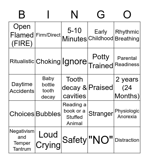 BINGO GROWTH & DEVELOPMENT OF A TODDLER Bingo Card