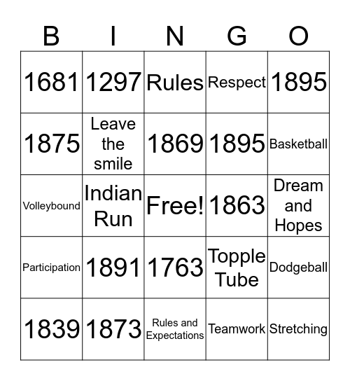 Physical Education  Bingo Card