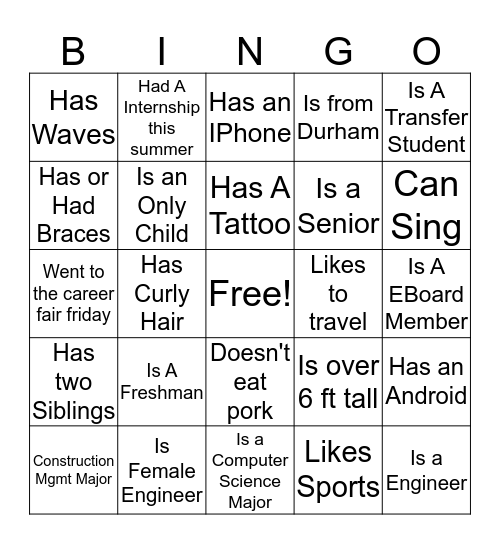 NSBE People Bingo Card