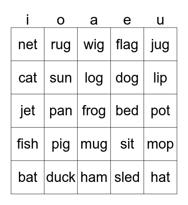 short vowel sound Bingo Card