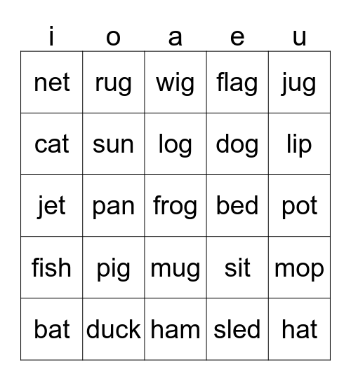 short vowel sound Bingo Card