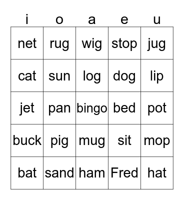 short vowel sound Bingo Card