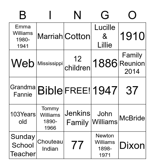 Williams Family Reunion  Bingo Card