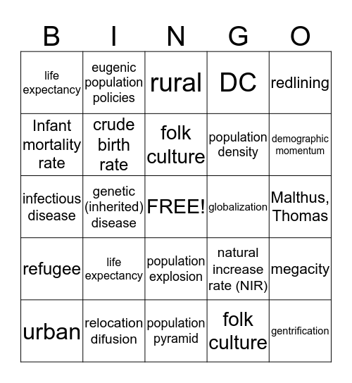 Human Geography Bingo Card