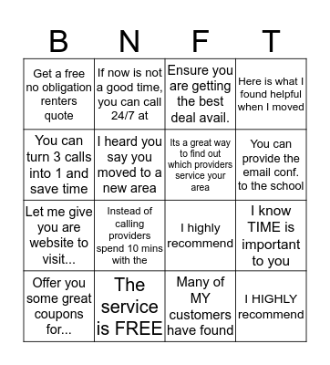 Benefit Statement Bingo Card