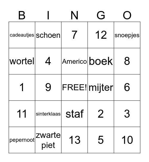 Sinterklaasbingo Card