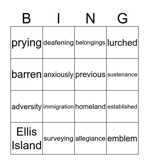 Vocabulary Bingo Card