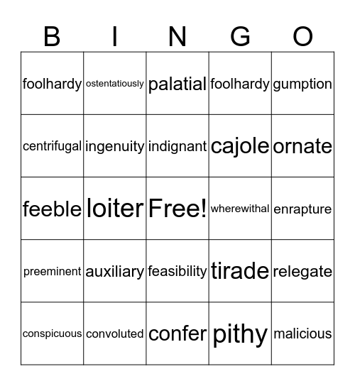 The Glass Castle Vocabulary Bingo Card