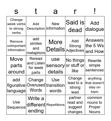 Star Revision Bingo Card