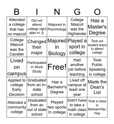 Teacher Bingo Card