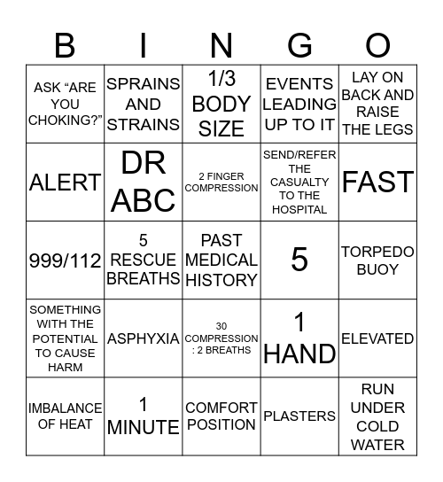 First Aid Bingo Card