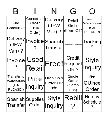 Phone Call Bingo Card