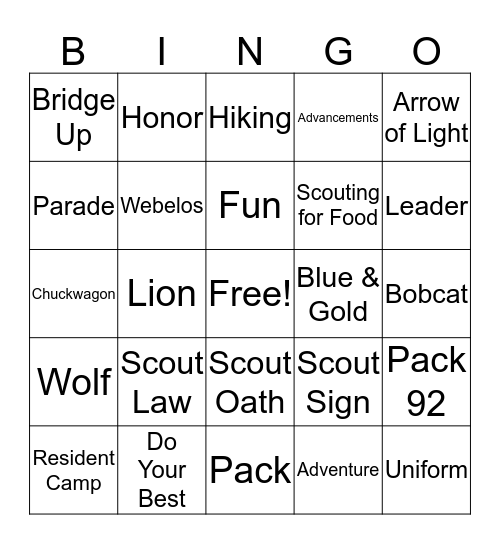 Pack 92 Bingo Card