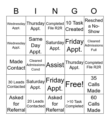 ADMISSIONS BINGO Card