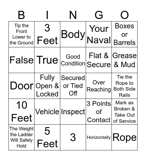 Ladder Safety Bingo Card