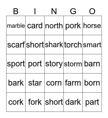 or  and  ar words Bingo Card