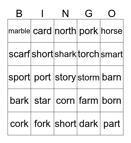 or  and  ar words Bingo Card