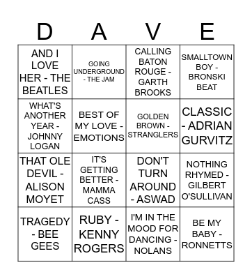 ROCK 'N' ROLL BINGO Card