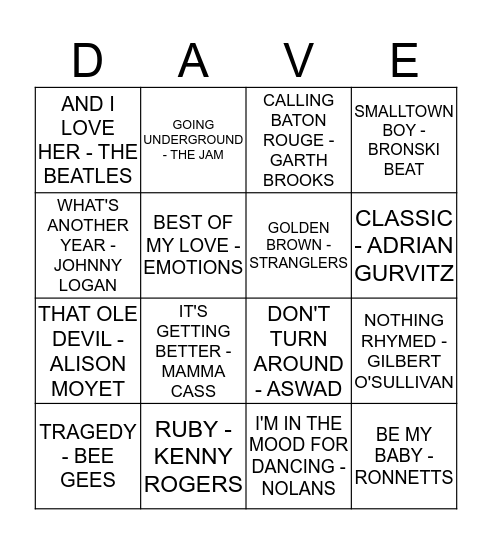 ROCK 'N' ROLL BINGO Card