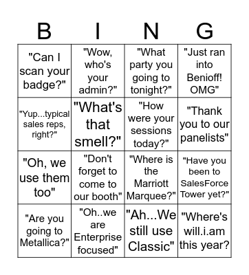 DreamForce 2018 Bingo Card