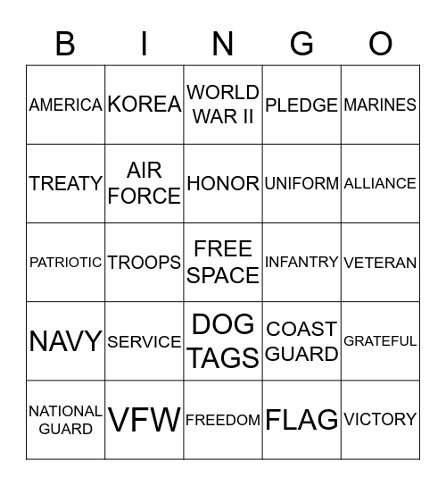 Veterans Day Bingo Card