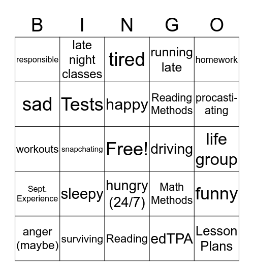 Senior Year Emtotions, Tasks, Classes Bingo Card