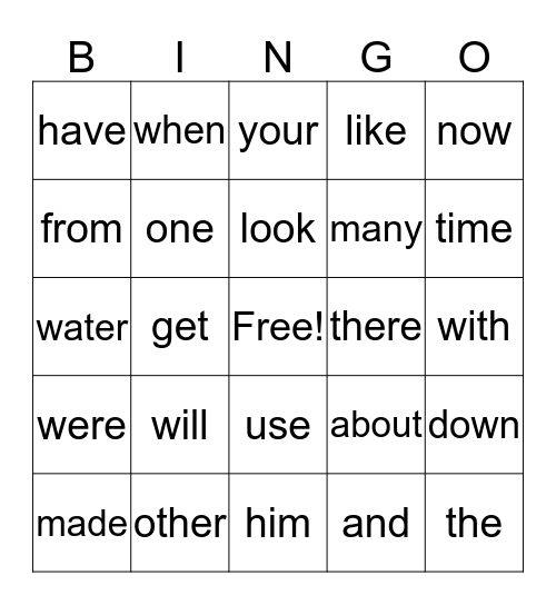 Sight Word Bingo Card