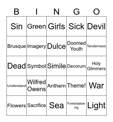 Wilfred Owens Bingo Card