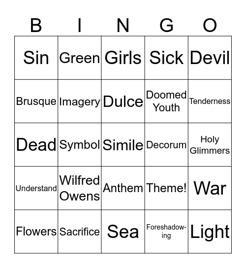Wilfred Owens Bingo Card
