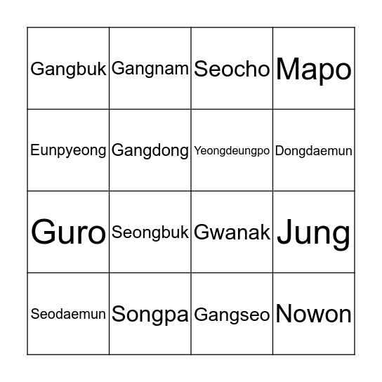 Seoul Districts Bingo Card