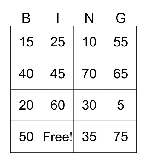 Counting by 5s Bingo Card