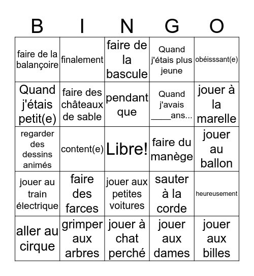 French 2 Bien Dit Chapitre 6 Vocabulaire 1 Bingo Card