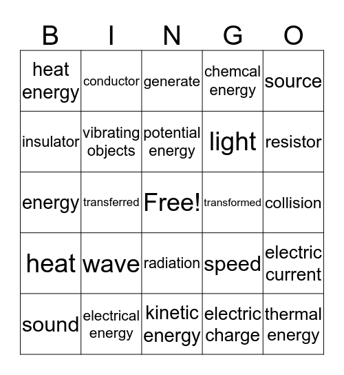 Energy and Motion Bingo Card