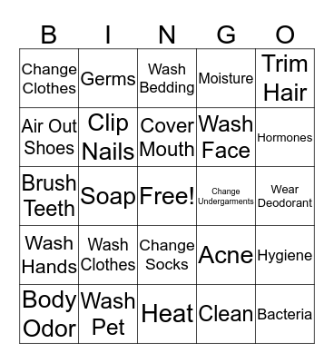 Personal Hygiene Bingo Card