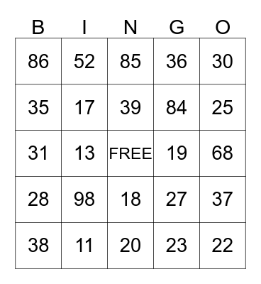 Spanish Numbers Bingo Card