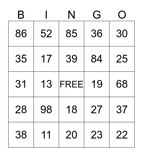 Spanish Numbers Bingo Card